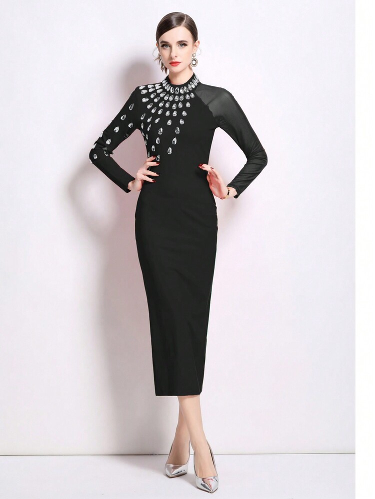 New Stylish Design Rhinestone Embellished Sexy Bodycon Cocktail Dress,Party Dress,Gown,Formal,Evening,Wedding Guest - Black - View 2