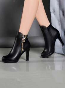 欧美新款秋冬细跟侧拉链踝靴，高跟短靴，时尚靴子，女士尖头细高跟鞋，流行冬季新款性感圆头靴，简约高跟女靴 - 黑色 - 查看 6