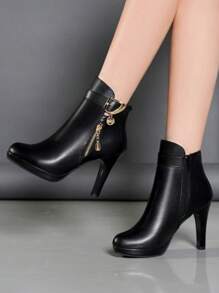 欧美新款秋冬细跟侧拉链踝靴，高跟短靴，时尚靴子，女士尖头细高跟鞋，流行冬季新款性感圆头靴，简约高跟女靴 - 黑色 - 查看 5