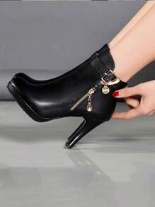 欧美新款秋冬细跟侧拉链踝靴，高跟短靴，时尚靴子，女士尖头细高跟鞋，流行冬季新款性感圆头靴，简约高跟女靴 - 黑色 - 查看 3