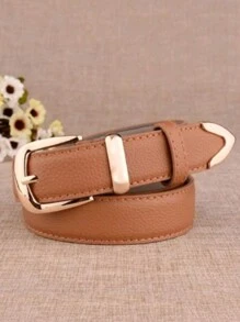 1 Piece 3cm Litchi Embossed Belt, Versatile Style, Metal Buckle For Everyday Use With Leather Lining - Camel - View 2