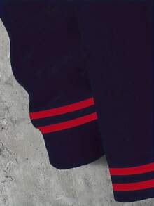 Men's Basketball Print Hoodie Sweatpants Set, Navy Blue Striped Ribbed Cuffs Loose Casual Sports Tracksuit - Royal Blue - View 6