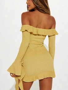 露肩优雅浪漫约会之夜连衣裙，性感迷人紧身派对连衣裙，情人节女士套装，飘逸长裙，时尚亮片上衣 - 黃色 - 查看 5