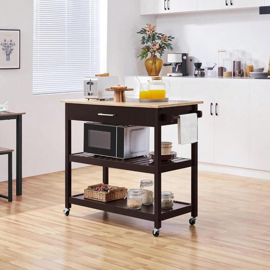 Wheeled Kitchen Trolley With Drawers And Side Handles Rolling Kitchen 3 Tier Utility Service Trolley Outdoor Decor - Espresso - View 1