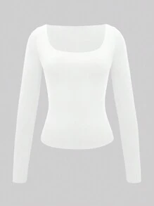 XLLAIS Plain Long Sleeve Casual White Top, Women's Scoop Neck T-Shirt, Suitable For Back To School Season, Autumn/Winter, Valentine's Day - White - View 7