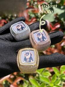 (Custom Made) Customized Square Photo Frame Ring, Brass Cubic Zirconia Hip Hop Style Ring, Everyday Accessory - Multicolor - View 1