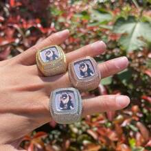 (Custom Made) Customized Square Photo Frame Ring, Brass Cubic Zirconia Hip Hop Style Ring, Everyday Accessory - Multicolor - View 2