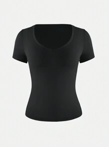 XLLAIS Women's T Shirt Sexy V Neck Summer Short Sleeve Slim Top Stretch Solid Casual Tee - Black - View 4