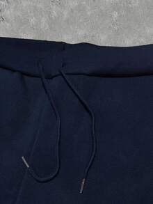 Men's Basketball Print Hoodie Sweatpants Set, Navy Blue Striped Ribbed Cuffs Loose Casual Sports Tracksuit - Royal Blue - View 5
