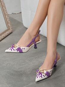女士链条装饰刺绣花朵图案尖头露跟小猫跟穆勒鞋，时尚舒适露跟正装鞋，适合优雅派对、正式场合、办公室穿着，适合春、夏、秋、冬，紫色低跟鞋，优雅，女式浅口鞋 - 紫色 - 查看 3
