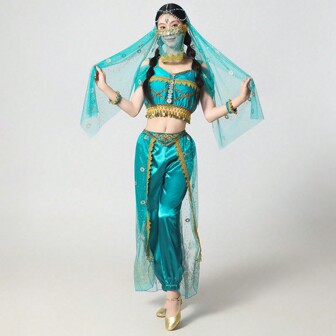 Halloween-uppträdandekostym Jasmine prinsessa magdans exotisk stil för kvinnor westerndansare, inkluderar byxor + topp + huvudduk och accessoarer + ansiktsslöja + armband