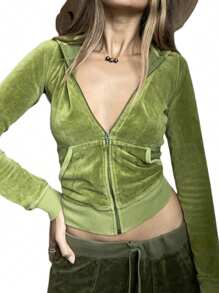 Women Solid Color Hooded Jacket, Match With Elastic Waist Flared Pants, Green/ Rosy - 綠色 - 查看 2