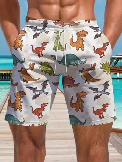 Men's 3D Summer Colorful Dinosaur Printed Beach Pants,Hawaiian