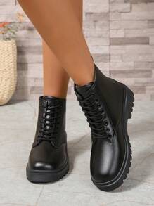 Modische Plateau Kampfstiefel für Damen, im britischen Stil, vielseitig einsetzbare neue Mode Ankle Boots für Frühling/Sommer, Plateau Stiefeletten, ‚Ins Style' - Schwarz - Übersicht 5