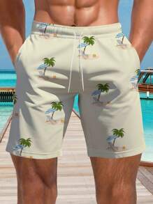 Men's 3D Summer Beach Coconut Tree Lounge Chair Printed Beach Pants,Hawaiian