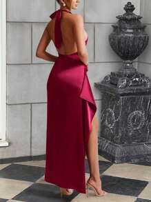 Spring & Autumn High Slit Sleeveless Dress With Ruffle Neck Design For Party, Wedding Guest Dress - Burgundy - View 5