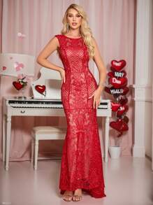 Vestido de noche ajustado y formal de las mujeres con cuello redondo, encaje rojo en la cintura para el Día de San Valentín