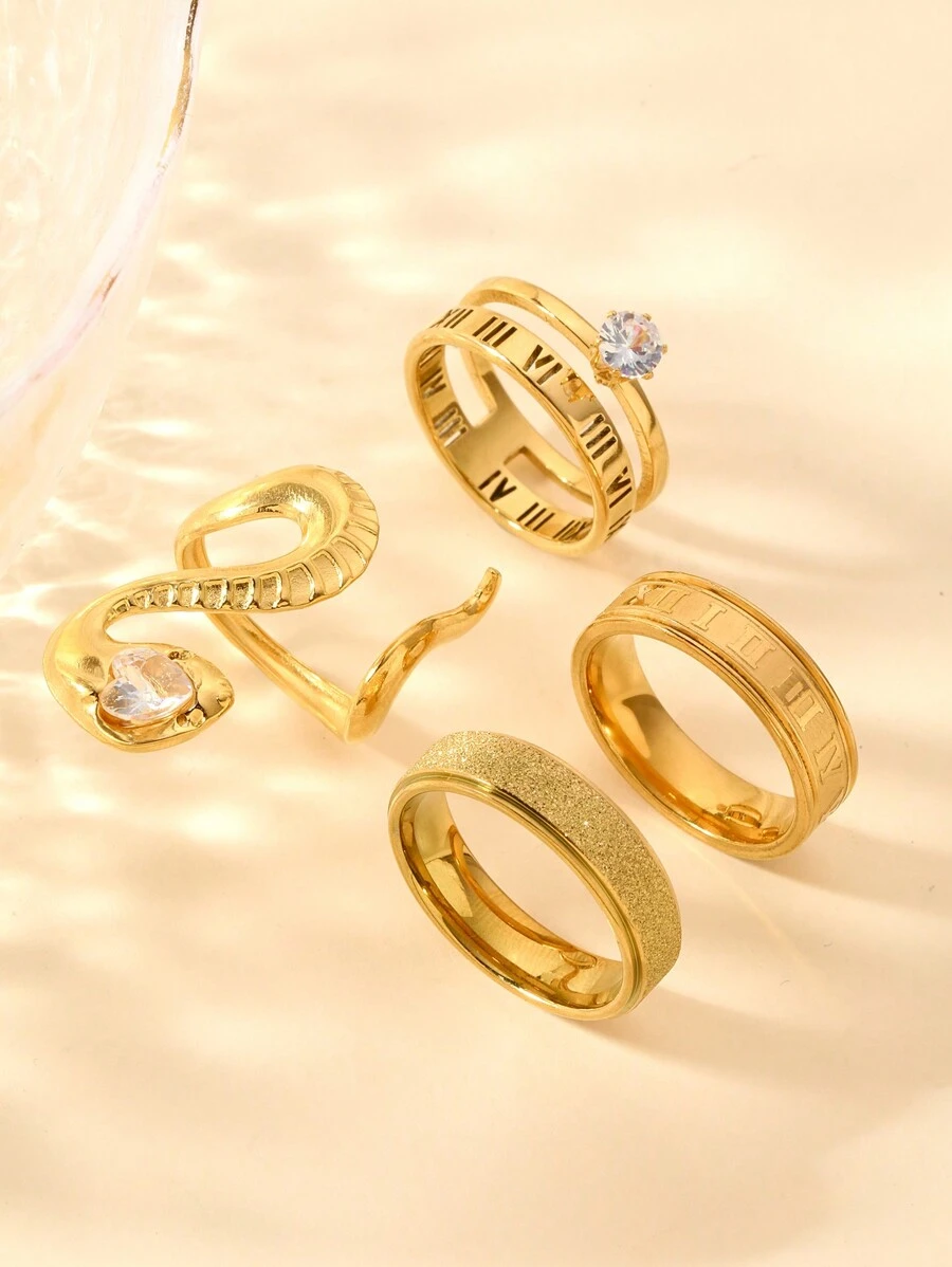 4pcs Delicate And Versatile Stainless Steel Snake With Diamonds Romaji Women'S Ring Set For Men And Women Daily Wear Holiday Dating Gift Jewelry - Set Of 4 Snake-shaped Diamond Roman Numeral Rings - View 1