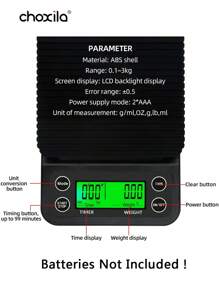 choxila 1 件带计时器的咖啡秤，LCD 背光显示屏，高精度厨房秤，带去皮功能，最大负载 6.6LB/3KG，0.1g 精度传感器（不含电池）返回学校 - 黑色 - 查看 2