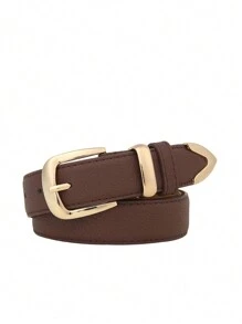 1 Piece 3cm Litchi Embossed Belt, Versatile Style, Metal Buckle For Everyday Use With Leather Lining - Coffee Brown - View 2