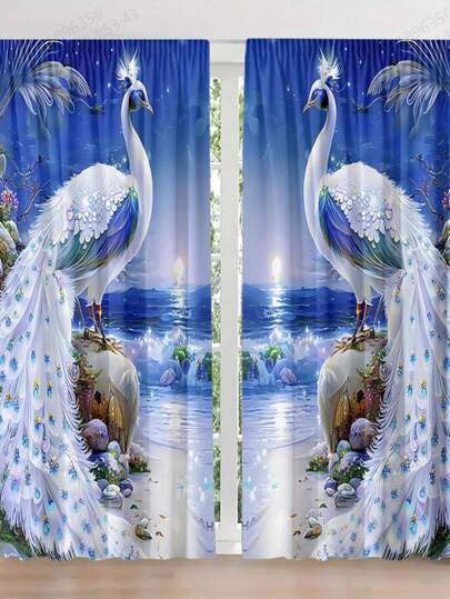 2 piezas de cortinas semitransparentes de ventana con diseño de arte moderno de pavo real, diseño de paisaje marino azul para sala de estar, dormitorio. Semitransparente, semioscurecedor, protección de privacidad