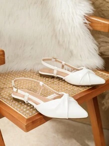 秋冬女式新款舒适简约百搭时尚法式尖头拖鞋，系带，软底，软皮革，一脚蹬，适合搭配连衣裙、平底鞋 - 白色 - 查看 4