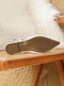 秋冬女式新款舒适简约百搭时尚法式尖头拖鞋，系带，软底，软皮革，一脚蹬，适合搭配连衣裙、平底鞋 - 白色 - 查看 3