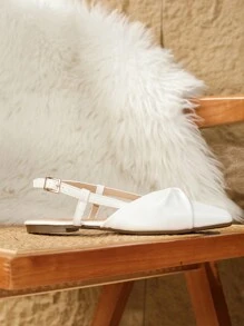 秋冬女式新款舒适简约百搭时尚法式尖头拖鞋，系带，软底，软皮革，一脚蹬，适合搭配连衣裙、平底鞋 - 白色 - 查看 5