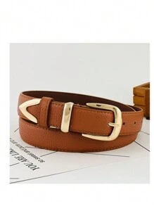 1 Piece 3cm Litchi Embossed Belt, Versatile Style, Metal Buckle For Everyday Use With Leather Lining - Camel - View 4