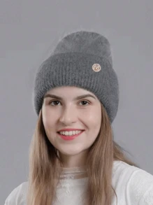 1pc Winter Women's Beanie Metal Tag Fashion Female Stretch Wool Knitted Hat Thick Warm Ear Protection Hood Cold Hats For Woman ,Soft Slouchy Warm Snug Snow Ski Running Unisex Adult Knit Hat