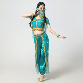 Halloween Performance Costume Jasmine Princess Belly Dance Exotic Style Women's Western Dancer Performance Set, Includes Pants + Top + Headscarf & Accessories + Face Veil + Bracelet