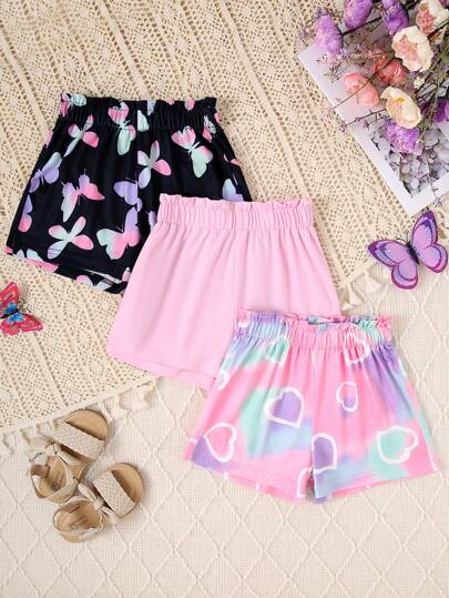 3 Stücke/Set Sommer Shorts für Kleine Mädchen mit Schmetterlings- und Herzprint, modisch-lässig