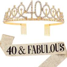 2 件/套黄金岁数 30 岁 40 岁 50 岁 60 岁 70 岁 80 岁 1 件水钻水晶皇冠 +1 件披肩头饰生日周年装饰生日快乐缎带派对用品发带发刷生日女王女士发刷发带，圣诞节