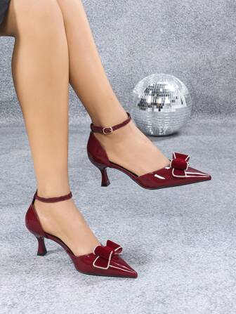 女士尖头水钻蝴蝶花漆皮镂空系带高跟鞋，性感、时尚、优雅，适合派对，酒红色