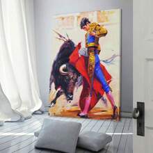 1 pieza Pintura al óleo con marco de madera de decoración de arte de torero español, arte de pared de toro de corrida occidental, decoración de pared, decoración para el hogar, decoración para la sala de estar (40x60cm) Marco - Enmarcado - Ver 3