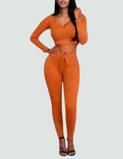 Conjunto Pants Coordinado De Dos Piezas  Jaspeado, Top Corto Ombliguero De Manga Larga Y Escote Amplio En V con Gorro, Pantalón Tipo Legging Con Cordón Decorativo, Con Ajuste Cómodo y Diseño Ajustado | Palau