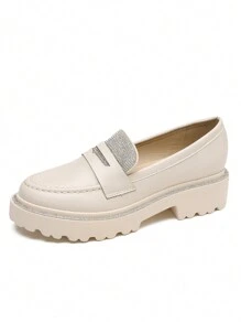 Women's Fashion Comfortable Rhinestone Thick Sole Loafers - Krem - View 2