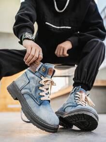 Sneakers alte da uomo a taglie grandi, con suola spessa, denim, di nuova moda, resistenti all'usura, adatte per tutto l'anno, in particolare per la primavera