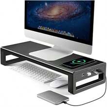 Monitor Stand With Wireless Charging 4 USB 3.0 Ports Metal Riser For Desk Aluminum PC Screen Stand For Office Laptop Computer IMac Printer Up To 32 Inches Black - Large - View 1