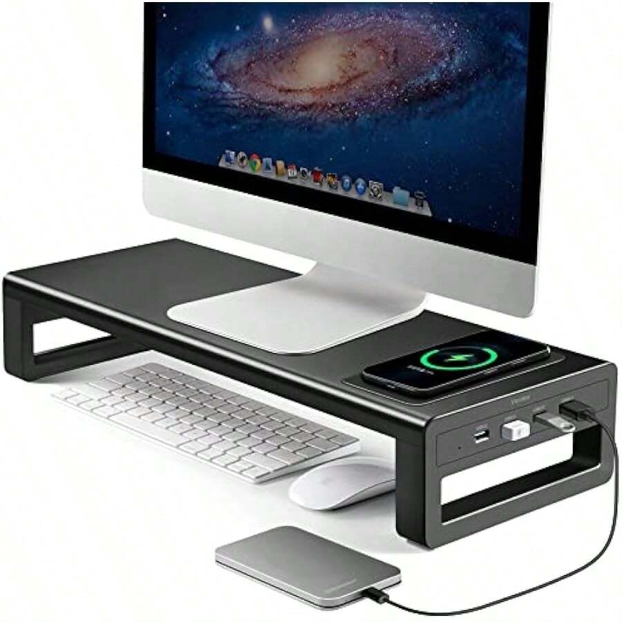 Monitor Stand With Wireless Charging 4 USB 3.0 Ports Metal Riser For Desk Aluminum PC Screen Stand For Office Laptop Computer IMac Printer Up To 32 Inches Black - Large - View 1