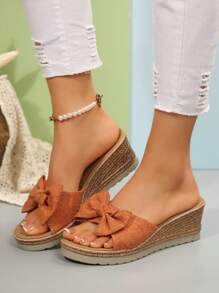 Women's Denim Bow Decor Wedge Heel Thick Sole Sandals, Fashionable Jute Bottom Summer Sandals