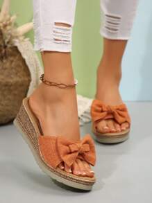 Women's Denim Bow Decor Wedge Heel Thick Sole Sandals, Fashionable Jute Bottom Summer Sandals