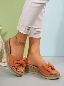 Women's Denim Bow Decor Wedge Heel Thick Sole Sandals, Fashionable Jute Bottom Summer Sandals