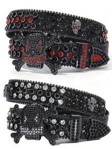 A Men's Solid Color Street Rhinestone Inlaid Fashionable Hip-Hop Skull Belt Summer, School Casual, Business, Boyfriend Husband Father Dad Men Gift, Daily Wear, Fashion, Teen, Outdoor, Vacation, Athletic, Travel, Street, Boho, Vintage Fall, Autumn, Halloween Autumn-Winter Accessories,Suitable For Teens, Youth,Men,Casual, Outdoor, Athletic, Vacation, Graduation Gifts, Birthday, Daily Wear - Multicolor - View 1