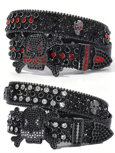 A Men's Solid Color Street Rhinestone Inlaid Fashionable Hip-Hop Skull Belt Summer, School Casual, Business, Boyfriend Husband Father Dad Men Gift, Daily Wear, Fashion, Teen, Outdoor, Vacation, Athletic, Travel, Street, Boho, Vintage Fall, Autumn, Halloween Autumn-Winter Accessories,Suitable For Teens, Youth,Men,Casual, Outdoor, Athletic, Vacation, Graduation Gifts, Birthday, Daily Wear