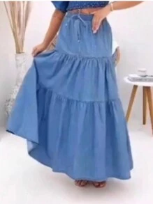 LONG WOMEN'S JEANS SKIRT 3 MARIAS WITH ELASTIC WAISTBAND - 淺藍色 - 查看 5