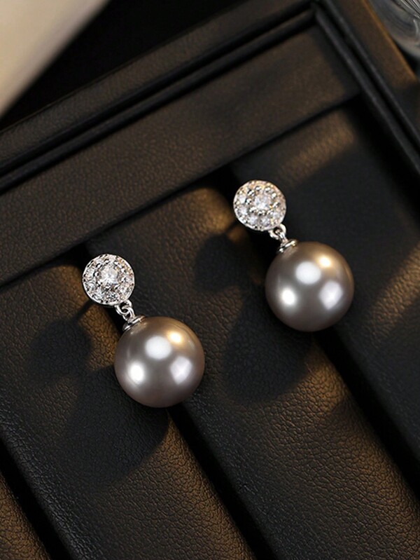 2pcs Women's Jewelry S925 Sterling Silver Fully Paved Crystal Pearl Stud Earrings, Minimalist High-End Earrings Suitable For Evening Party, Birthday Gift