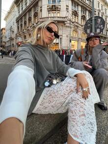 Sexy Hollow Lace A-Line Skirt For Women, Elegant Long Skirt, No Lining - White - View 3