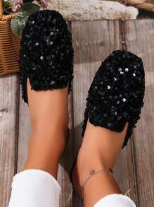 New Fashion Women Flat Slippers With Rhinestones & Sequins - Black - View 3