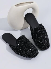 New Fashion Women Flat Slippers With Rhinestones & Sequins - Black - View 6